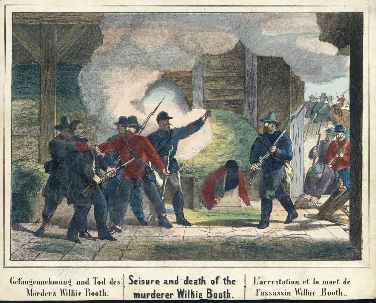 Ergreifung und Tod des Mörders Wilkie Booth, veröffentlicht 1865 von American School