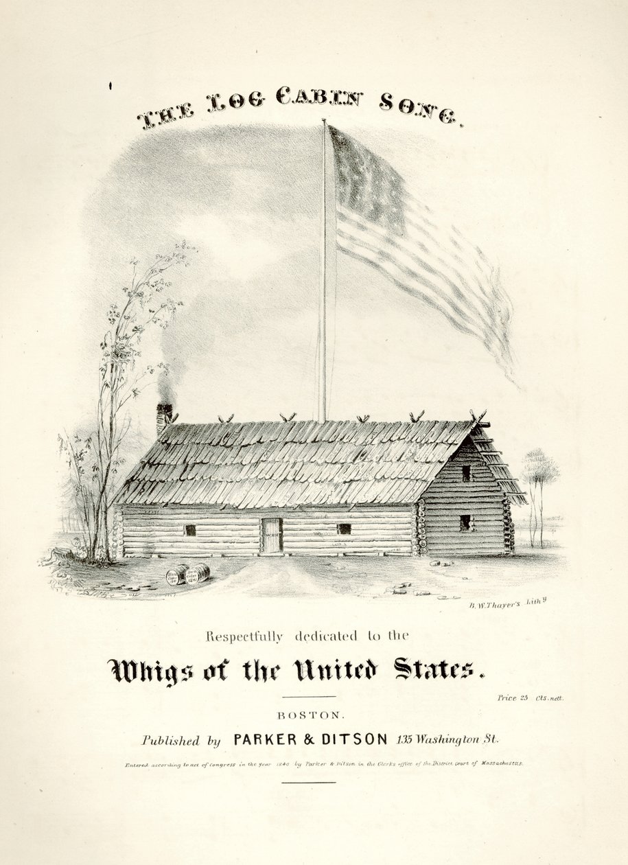 Notenblattumschlag für The Log Cabin Song..., veröffentlicht von Parker & Ditson, Boston, 1840 von American School