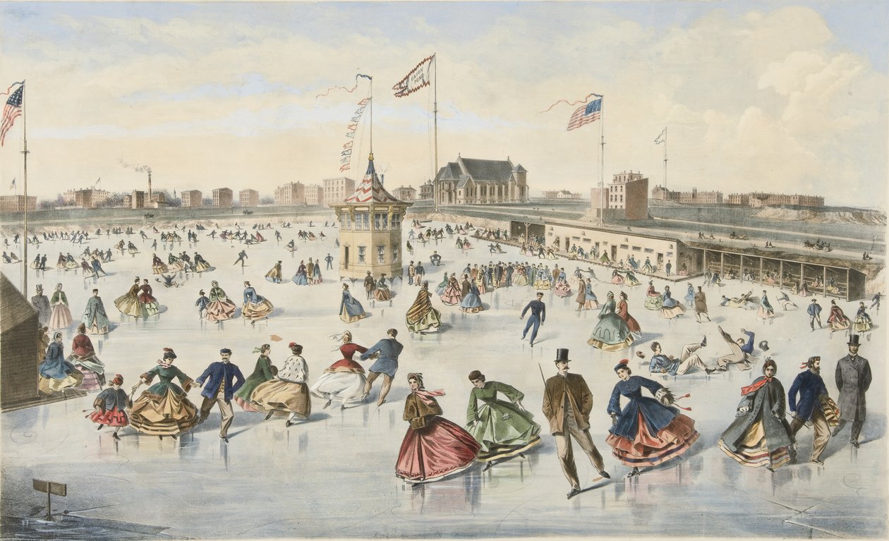 Schlittschuhlaufen auf dem Union Pond, veröffentlicht 1863 (Farblithografie) von American School
