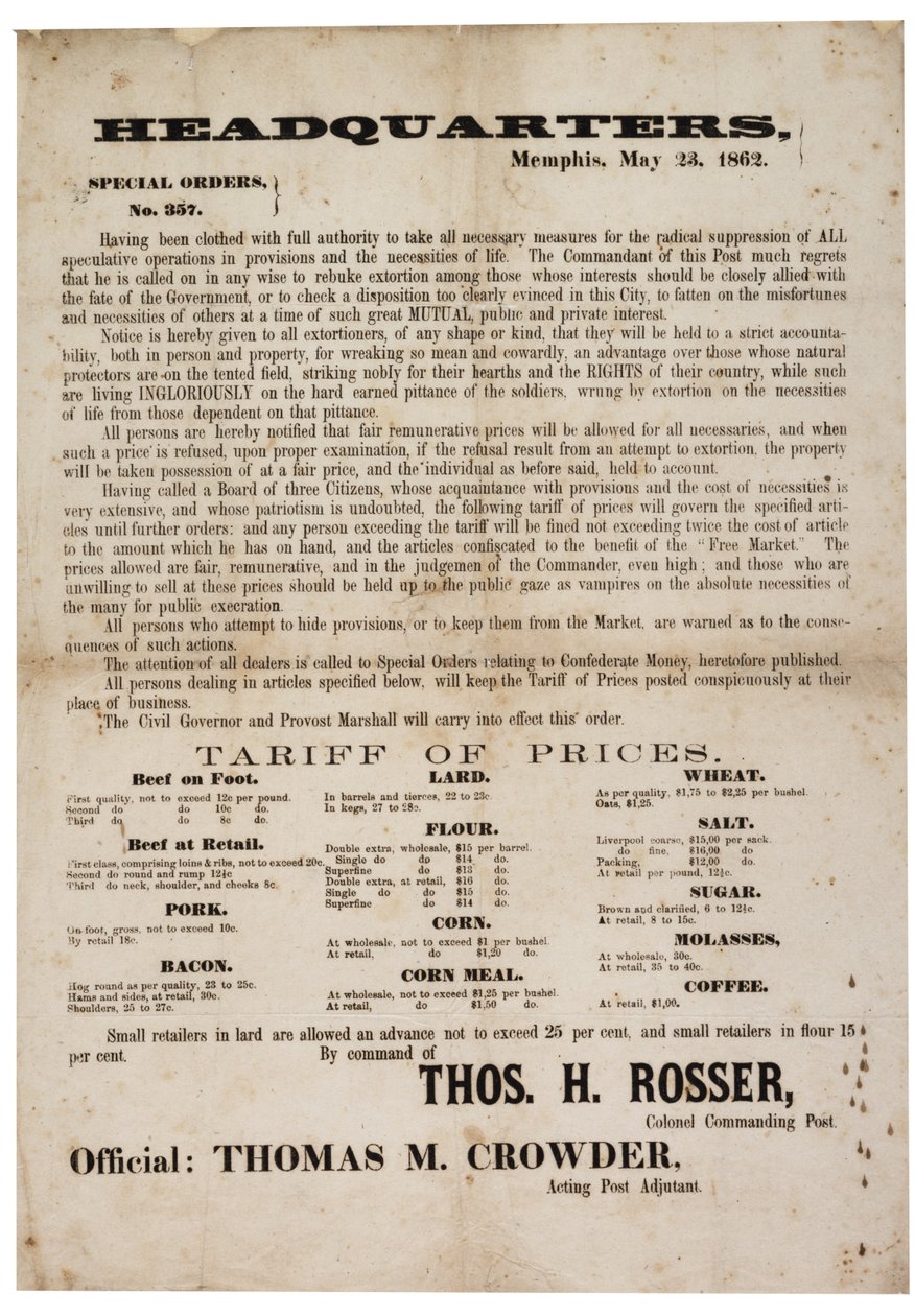 Sonderbefehl Nr. 357 zur Veröffentlichung von Lebensmittelpreisen zur Vermeidung von Spekulationen, 23. Mai 1862 von American School