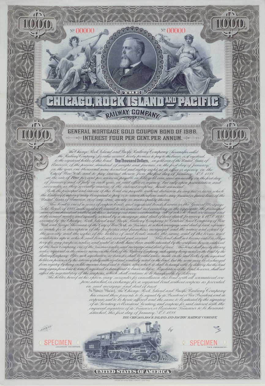 Musteranleihezertifikat für 1000 Dollar für die Chicago, Rock Island and Pacific Railway Company, 1898 von American School