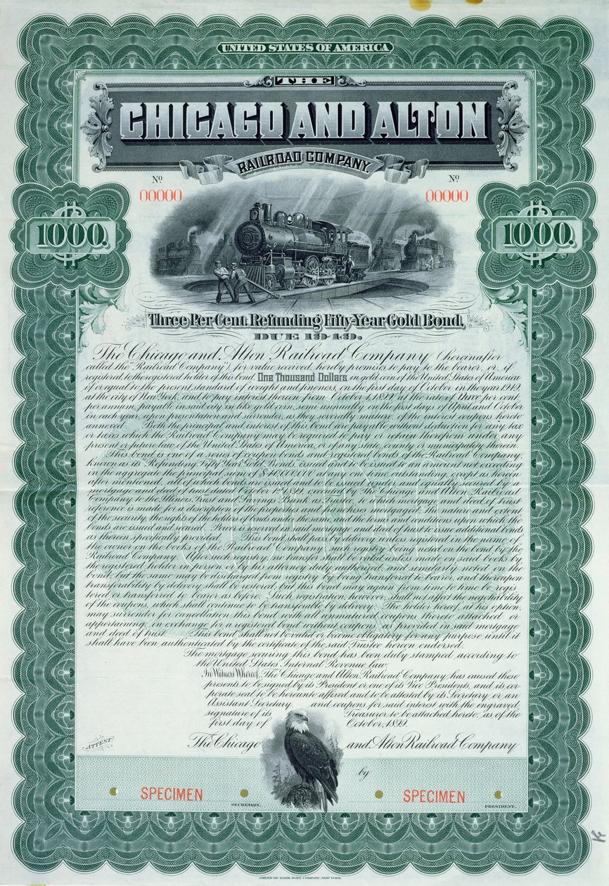 Musteranleihezertifikat für 1000 Dollar für die Chicago and Alton Railroad Company, 1899 von American School