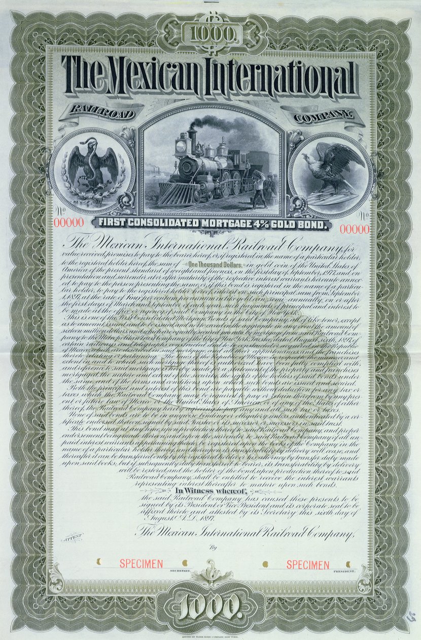 Musteranleihezertifikat für 1000 Dollar für die Mexican International Railroad Company, 1897 von American School