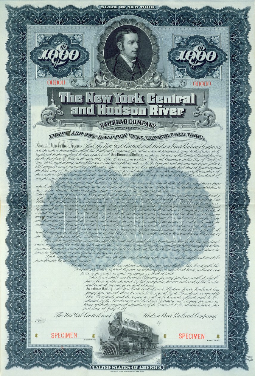 Musteranleihezertifikat für 1000 Dollar für die New York Central and Hudson River Railroad Company, ca.1900 von American School