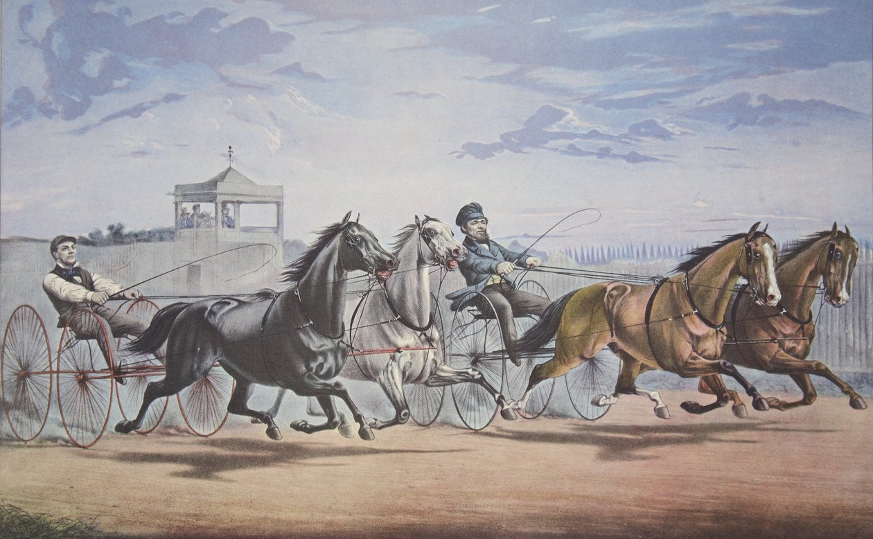 Stella und Alice Grey - Laterne und Walknochen, Vorbeifahrt am Stand (In ihrem großen Rennen im Doppelgeschirr über den Union Course L.I. am 5. Juni 1855), veröffentlicht 1855, Currier & Ives von American School