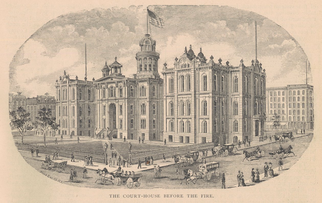 Das Gerichtsgebäude vor dem Brand, gedruckt von Moss Engraving Co., New York, Illustration aus History of Chicago vol. 2 von Alfred Theodore Andreas, veröffentlicht 1885 von American School