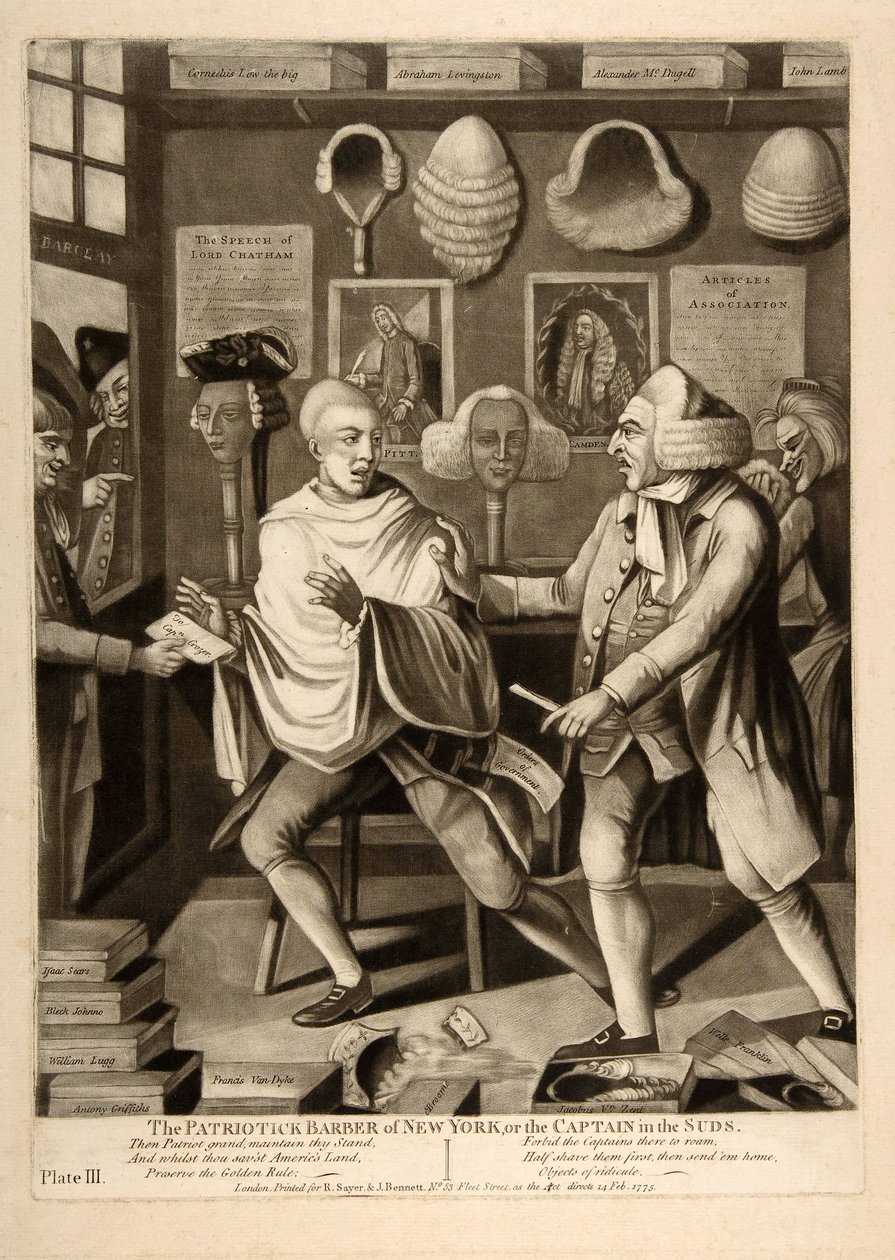 Der patriotische Friseur von New York oder der Kapitän in den Seifenblasen, veröffentlicht 1775 von American School