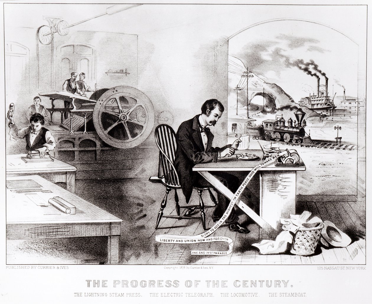 Der Fortschritt des Jahrhunderts: Die Blitz-Druckpresse, der elektrische Telegraph, die Lokomotive und das Dampfschiff, veröffentlicht von Currier & Ives, 1876 von American School