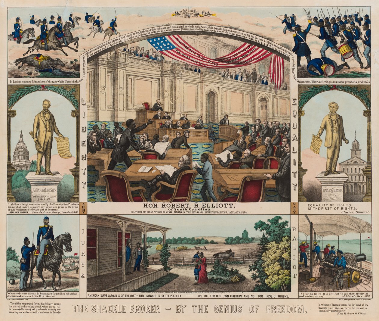 Die Fessel gebrochen - Durch den Genius der Freiheit, ca. 1860-1879 (Farblithografie) von American School