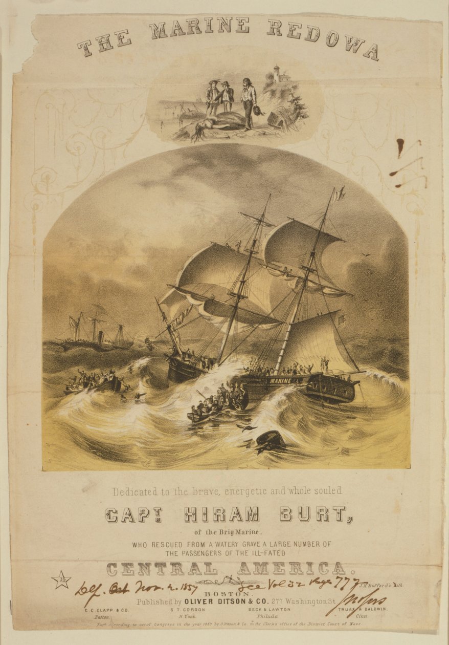 Die Brigg Marine rettet Passagiere in Rettungsbooten vom Dampfer SS Central America nach einem Hurrikan vor den Carolinas im September 1857. Über 550 ertranken und 30.000 Pfund (14.000 kg) kalifornisches Gold gingen verloren. von American School