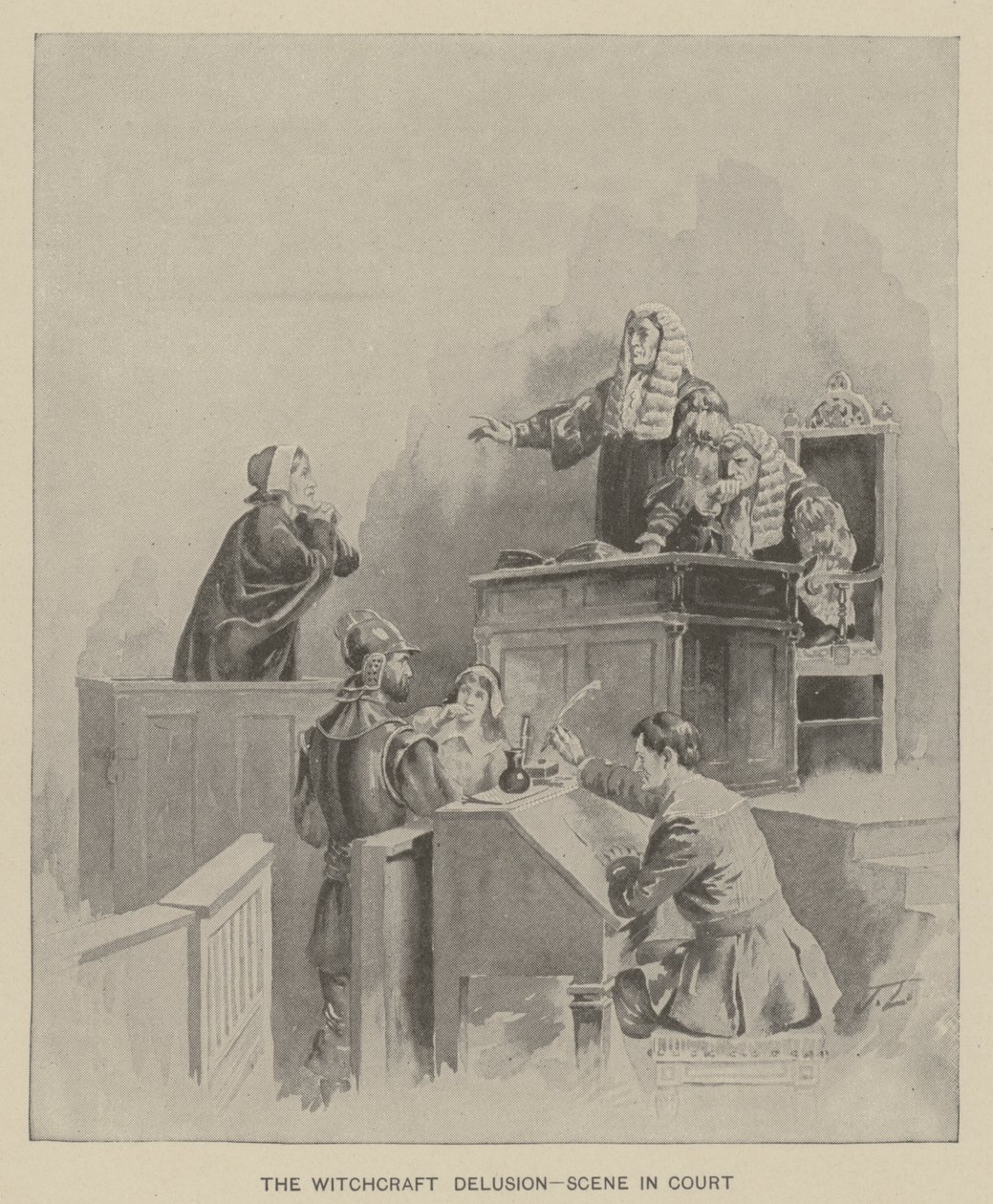 Der Hexenwahn - Szene im Gericht (Lithografie) von American School