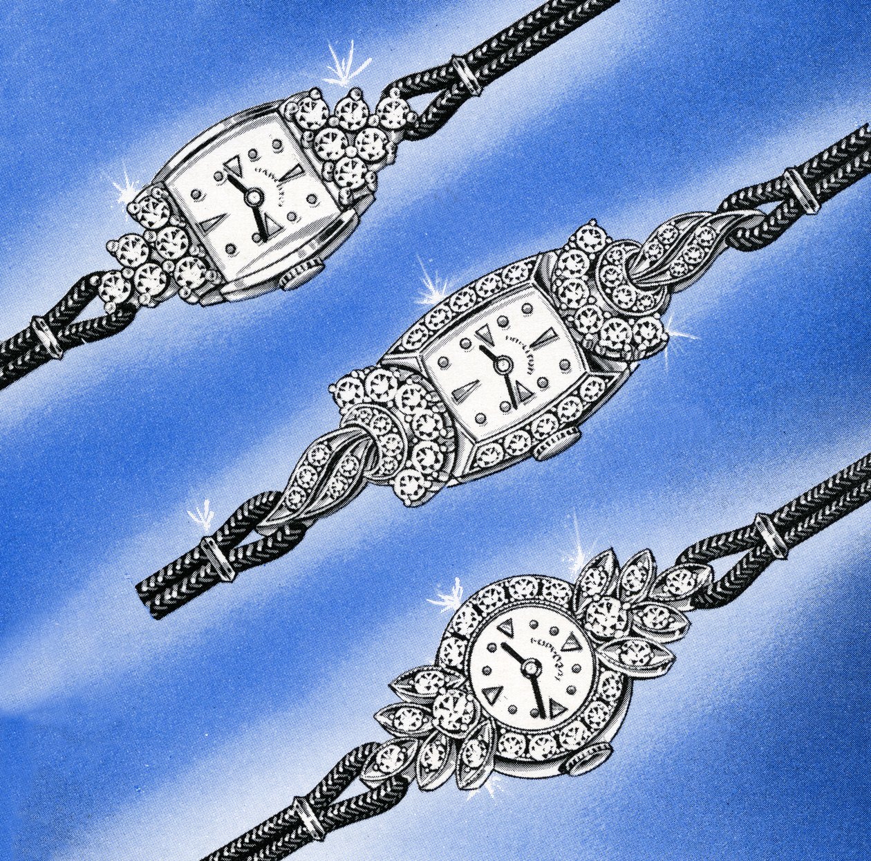 Drei weiße Gold- und Diamant-Damenarmbanduhren von American School