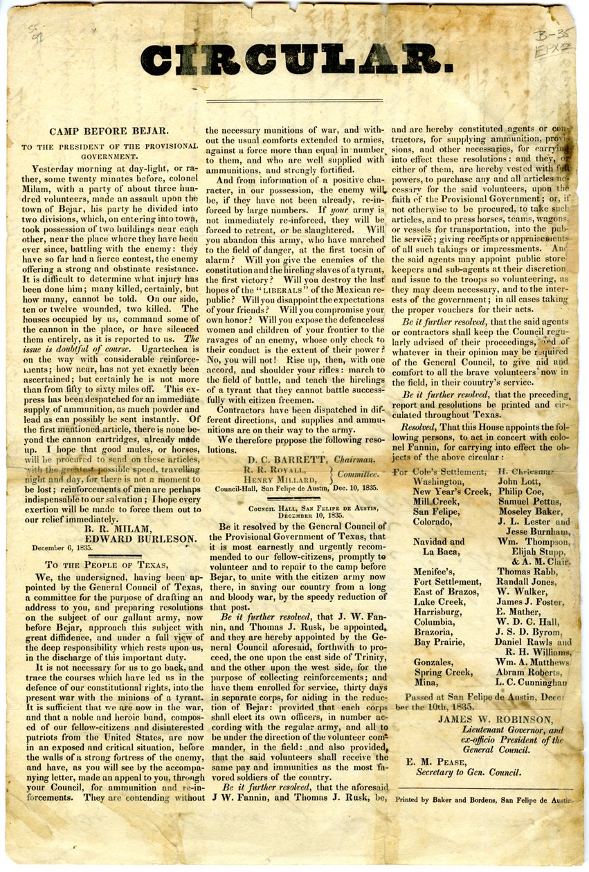 An das Volk von Texas bezüglich der Belagerung der mexikanischen Garnison in San Antonio de Bexar, 10. Dezember 1835 von American School