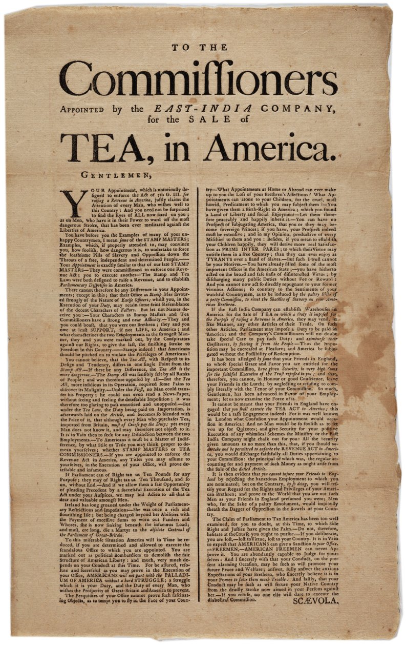 An die von der East-India Company ernannten Kommissare zum Verkauf von Tee in Amerika, unterzeichnet Scaevola, 1773 von American School