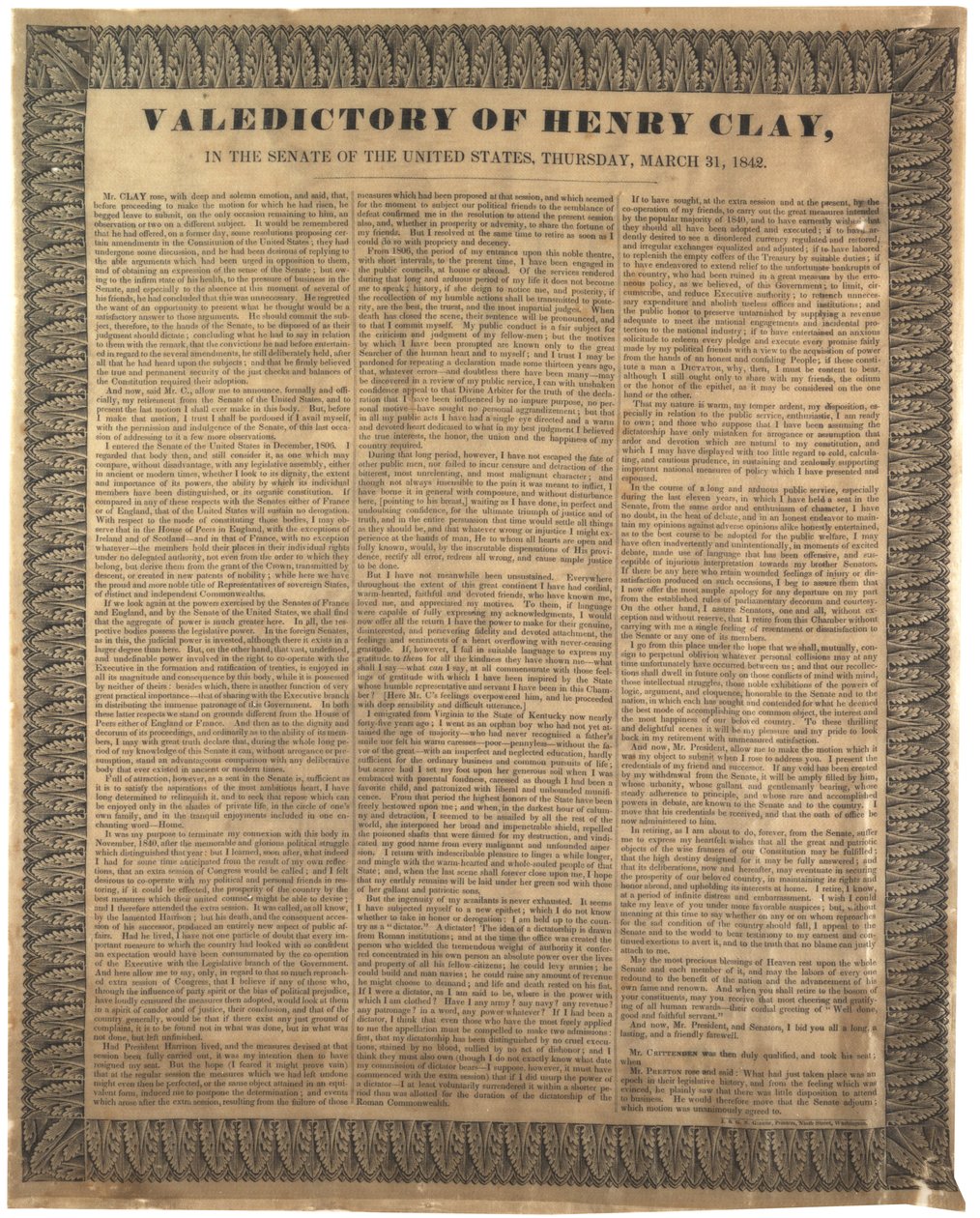 Abschiedsrede von Henry Clay im Senat der Vereinigten Staaten, 31. März 1842 von American School
