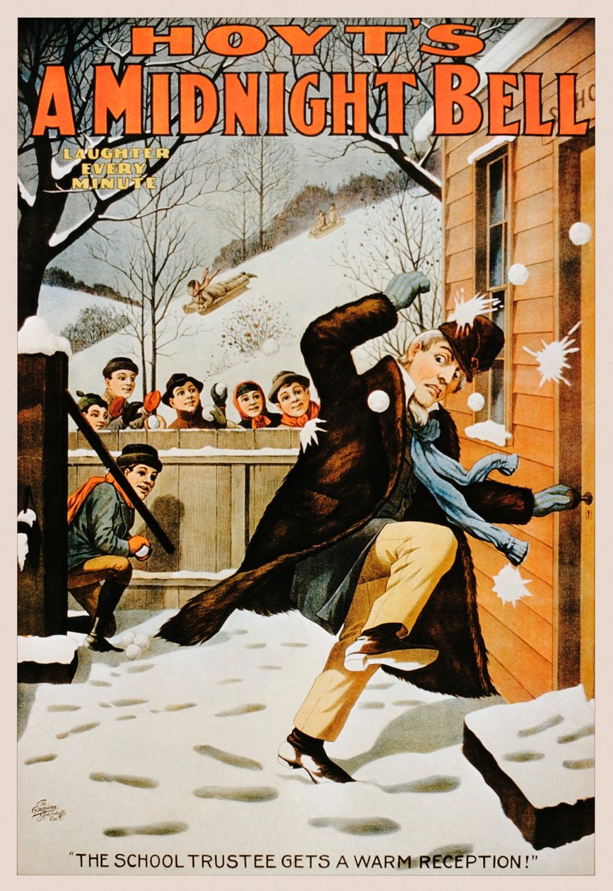 Vintage-Poster von Jungen, die einen Mann mit Schneebällen bewerfen, 1890-99 von American School