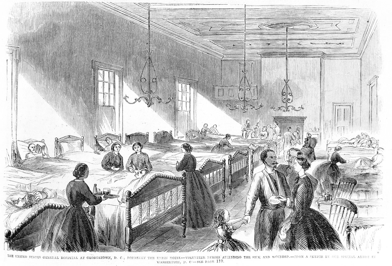 Freiwillige Krankenschwestern, die die Kranken im US-General Hospital in Georgetown betreuen, aus Frank Leslies Illustrated Newspaper, 6. Juli 1861 von American School