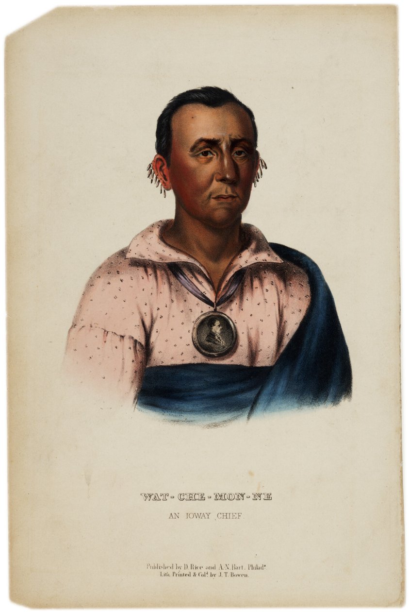 Wat-Che-Mon-Ne, Ioway-Häuptling, Druck von J. T. Bowen, Illustration aus Die Geschichte der Indianerstämme Nordamerikas von Thomas L. McKenney und James Hall, ca. 1842-70 von American School