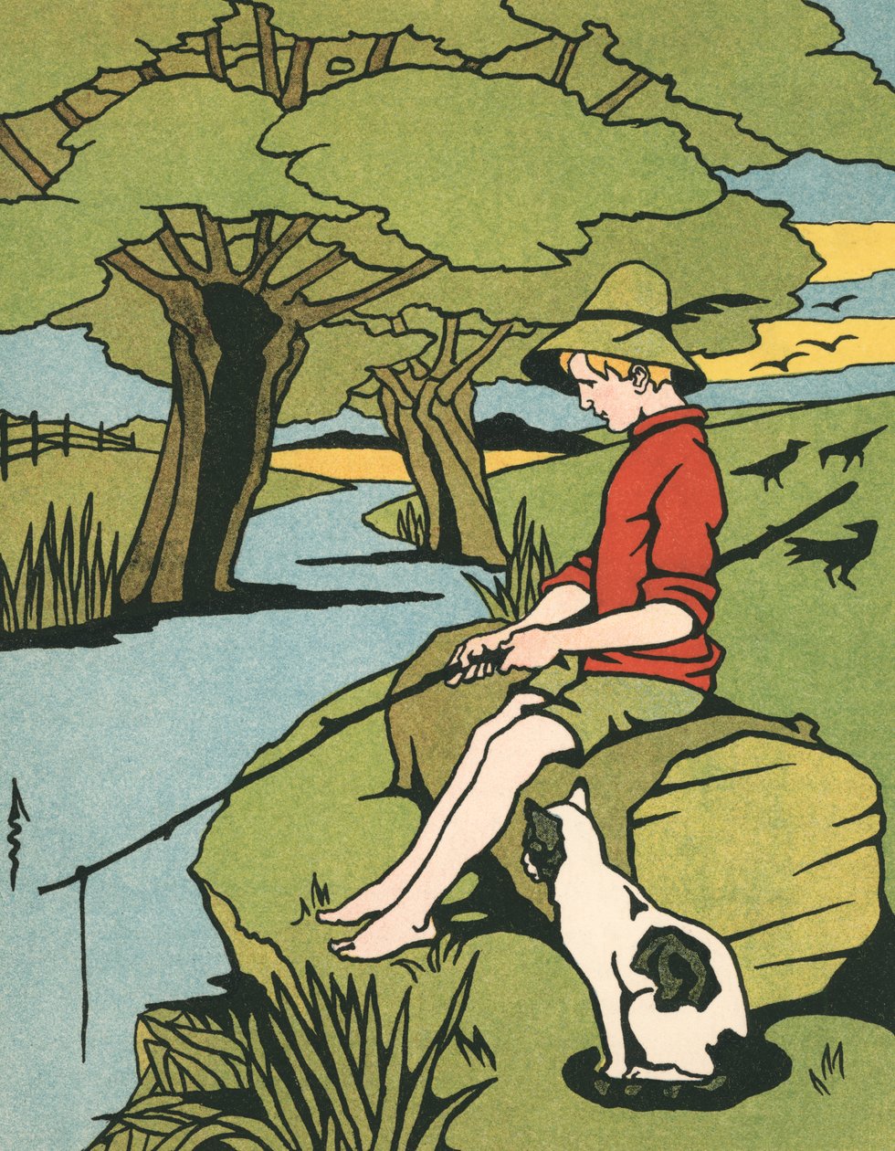 Junger Junge, der mit seiner Katze in einem Fluss angelt von American School
