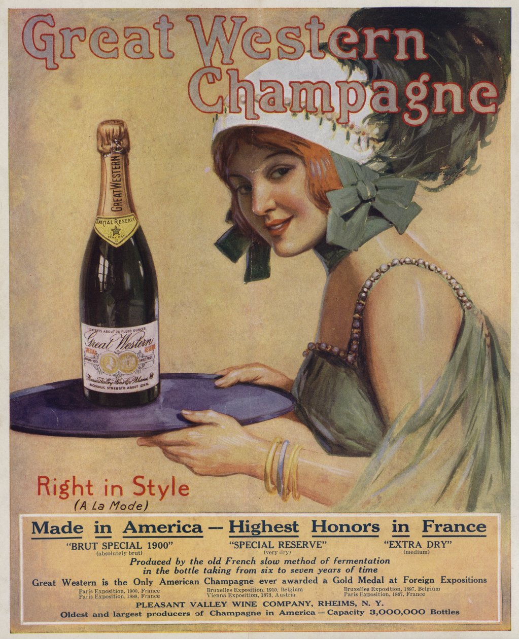Junge Frau mit einer Flasche Champagner, Werbung für Great Western Champagne von American School