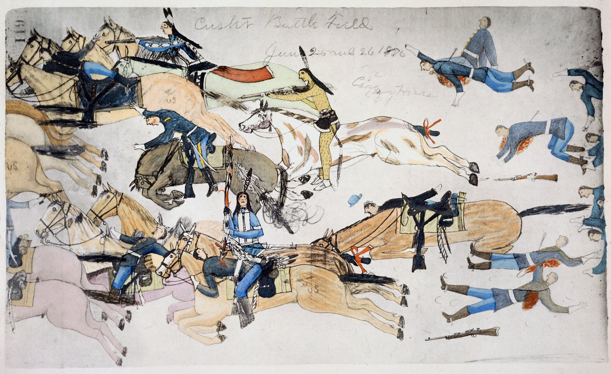 Schlacht am Little Bighorn, Montana, USA, 25.-26. Juni 1876, um 1900 von Amos Bad Heart Buffalo