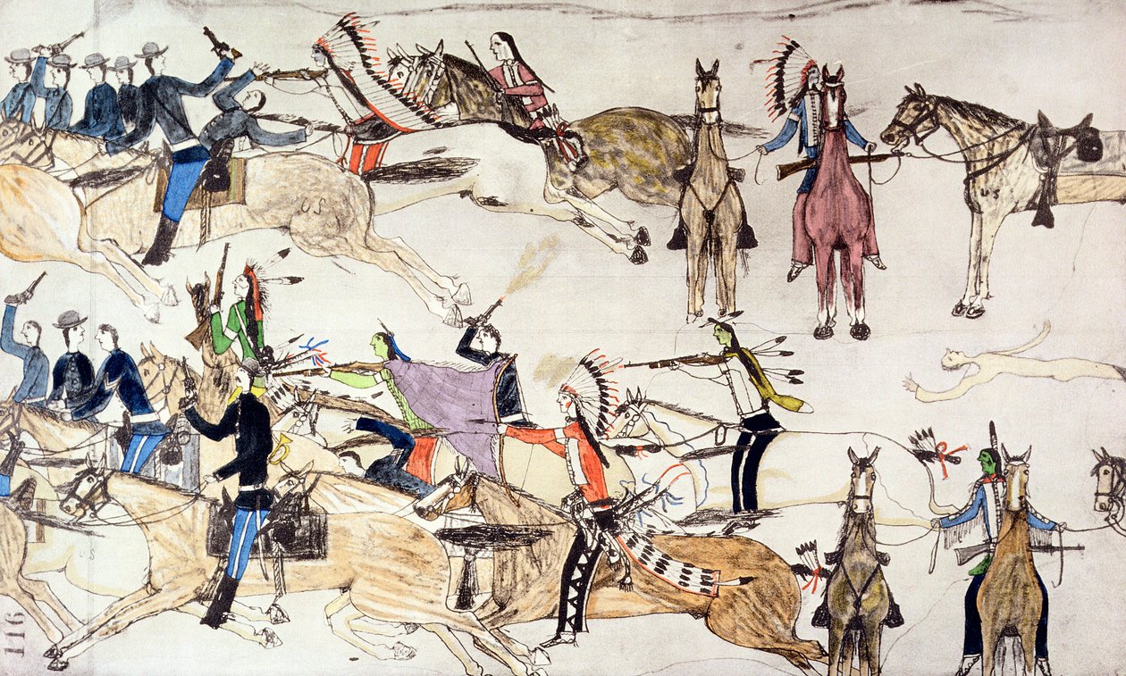 Schlacht am Little Bighorn, Montana, USA, 25.-26. Juni 1876, ca. 1900 von Amos Bad Heart Buffalo