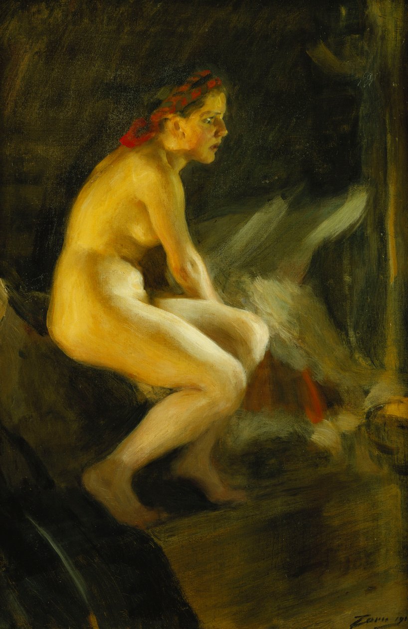 Auf dem Bett; Pa Sangkanten, 1910 von Anders Leonard Zorn