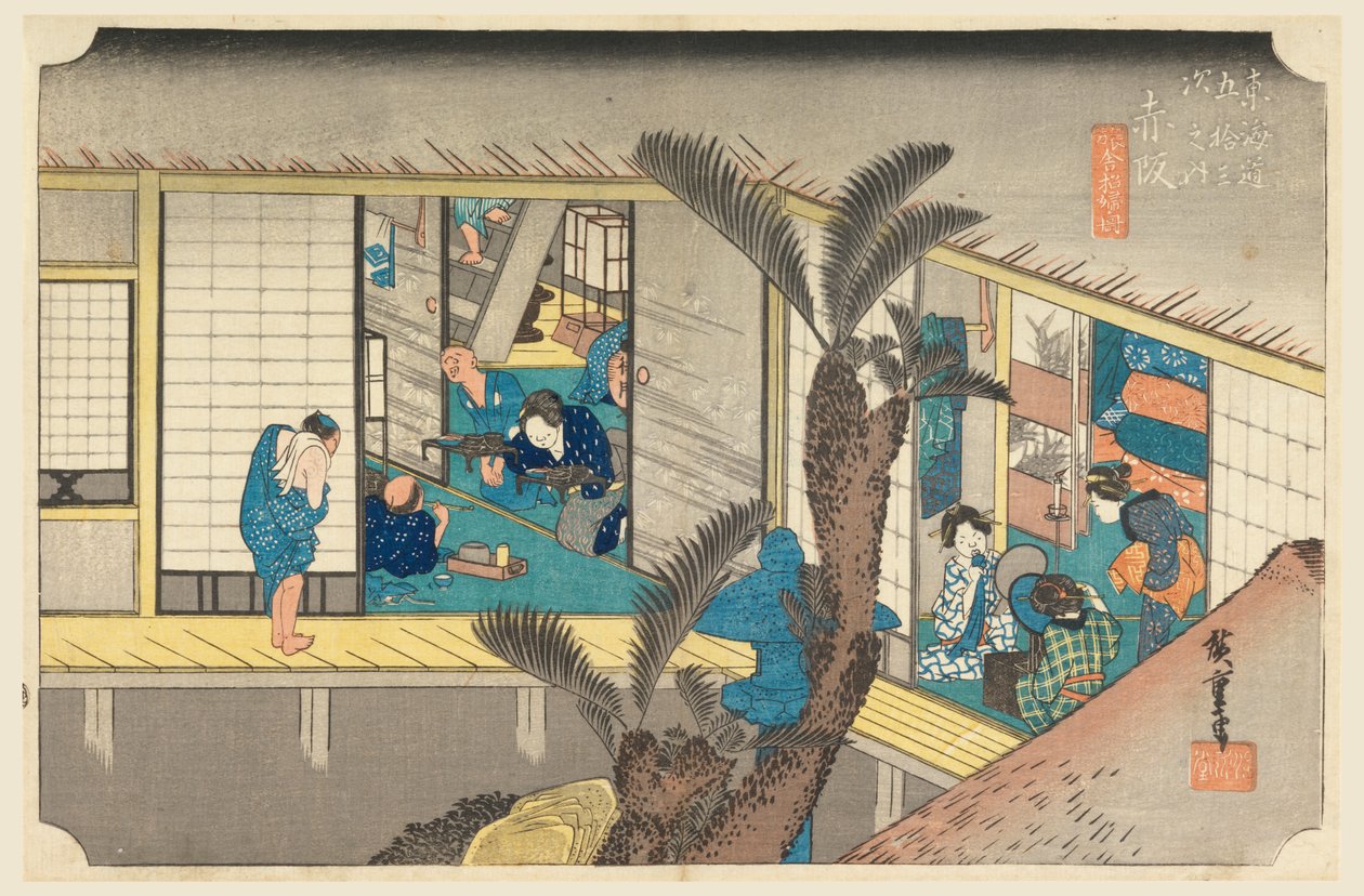 Akasaka, Innenansicht eines Gasthauses, in Die Dreiundfünfzig Stationen der Tokaido-Straße (Tokaido Gojusan Tsugi-no Uchi) von Ando Hiroshige