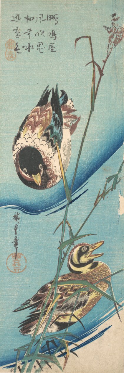 Stockenten und schneebedeckte Schilfrohre, ca. 1843 von Ando Hiroshige