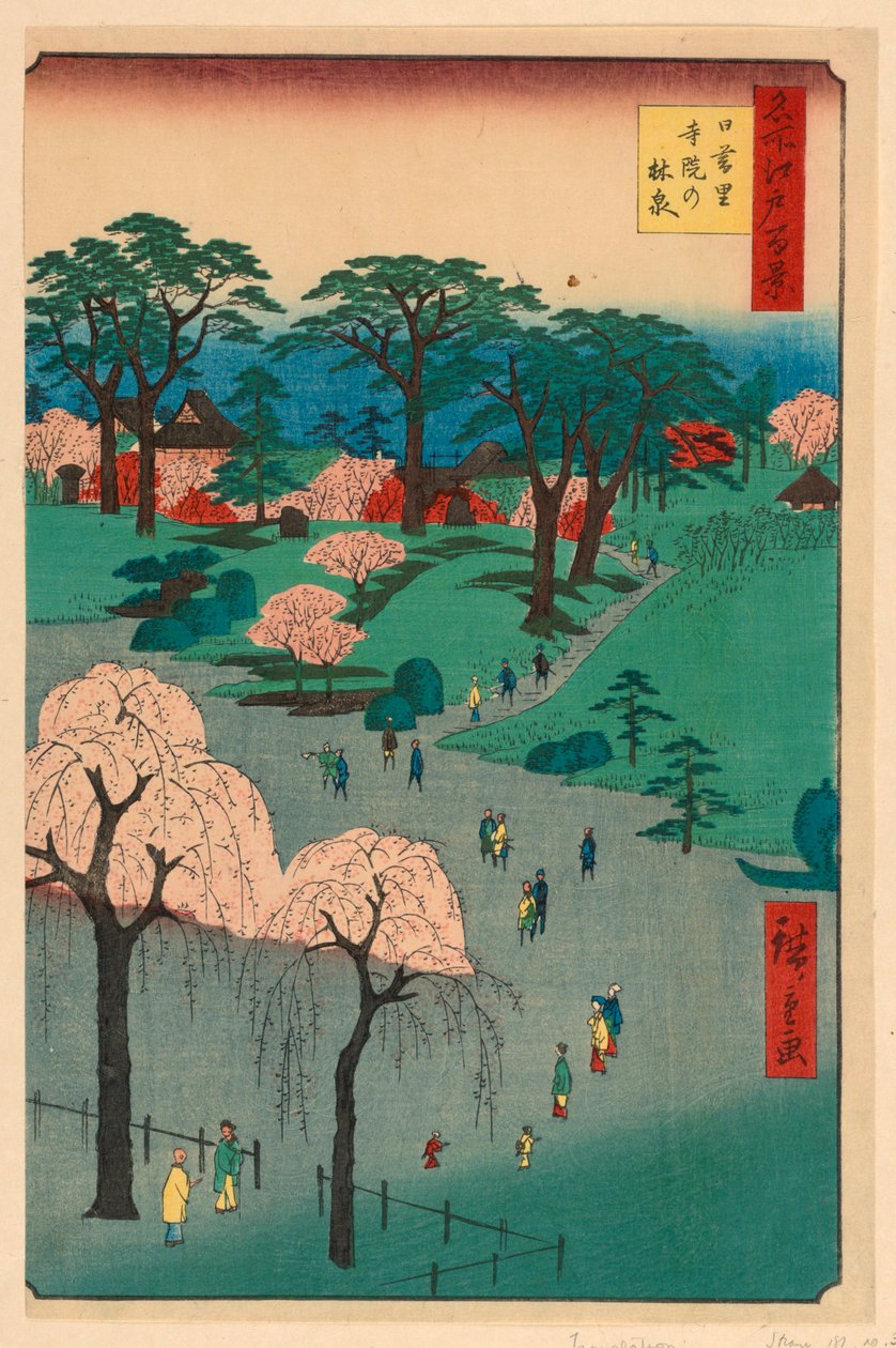 Nippori, Tempelgärten (Nippori, jiin no rinsen) aus der Serie Einhundert berühmte Ansichten von Edo von Ando Hiroshige