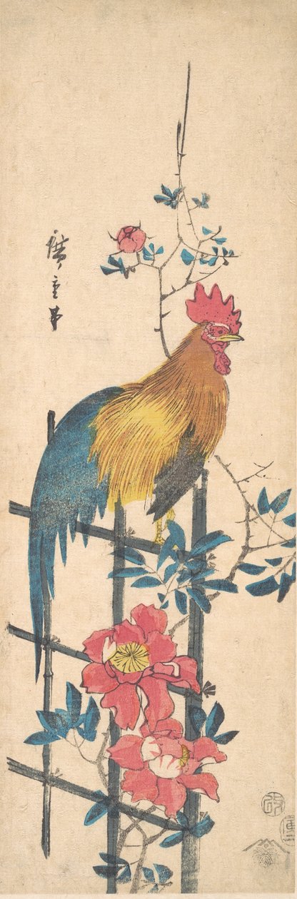 Pfingstrose und Hahn, 1854 von Ando Hiroshige