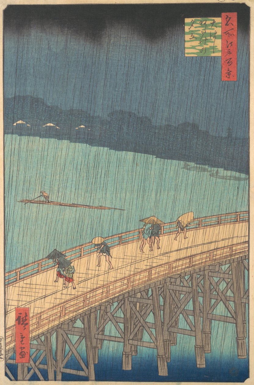 Plötzlicher Regenschauer über der Shin-Ohashi-Brücke und Atake Ohashi Atake no yudachi, aus der Serie..., 1857 von Ando Hiroshige
