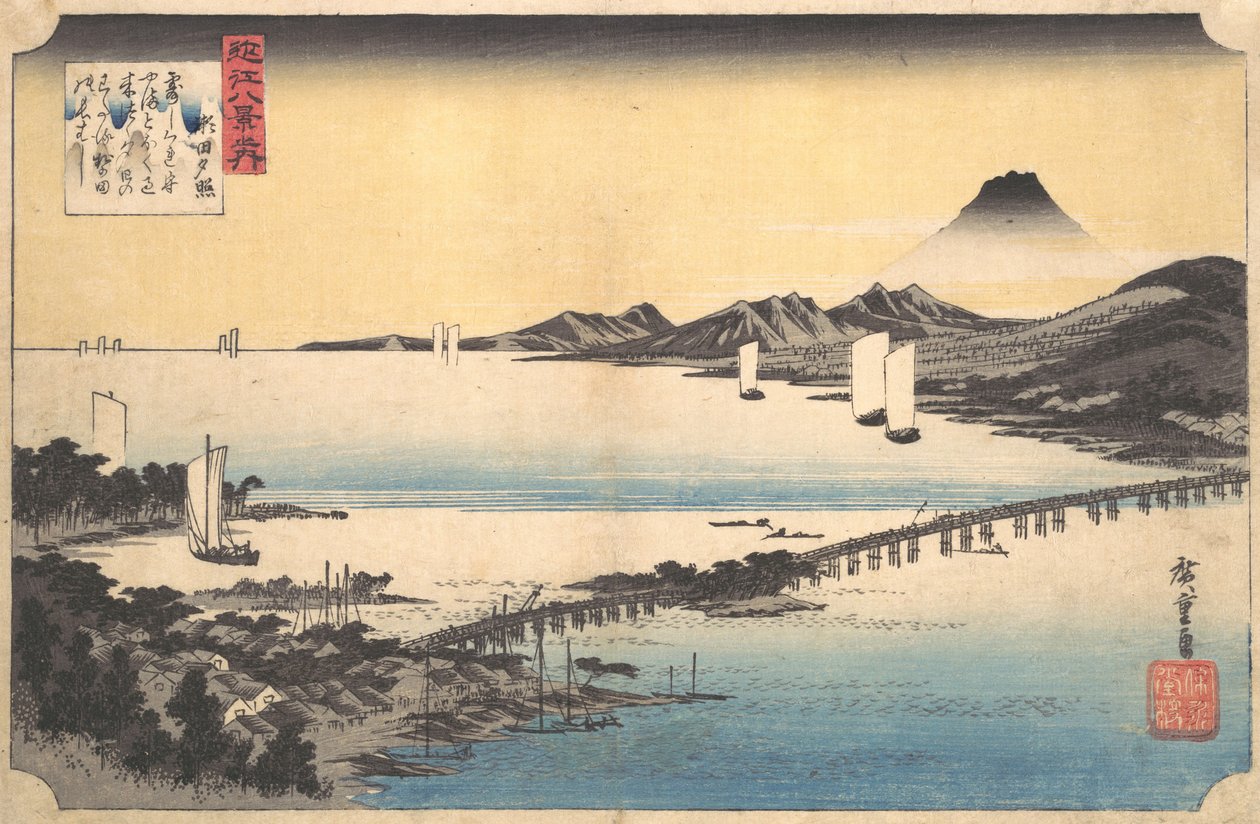 Abendglühen in Seta Seta sekisho, aus der Serie Acht Ansichten der Provinz Omi, 1834-35 von Ando Hiroshige
