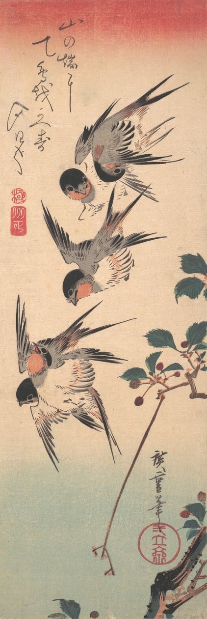 Schwalben und blühende Wildkirsche, ca. 1835 von Ando Hiroshige