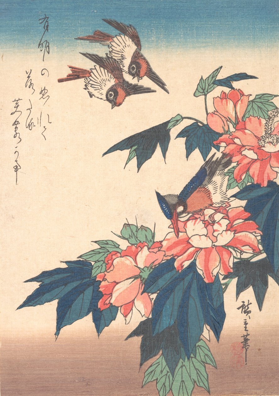 Schwalben und Eisvogel mit Rosenmalven, ca. 1838 von Ando Hiroshige