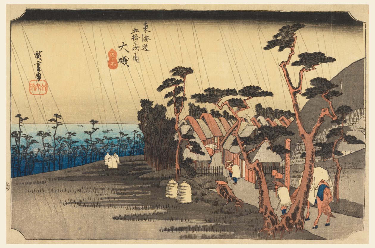 Toras Regen (Oiso, Tora-ga-ame), in Die Dreiundfünfzig Stationen der Tokaido-Straße (Tokaido Gojusan Tsugi-no Uchi) von Ando Hiroshige