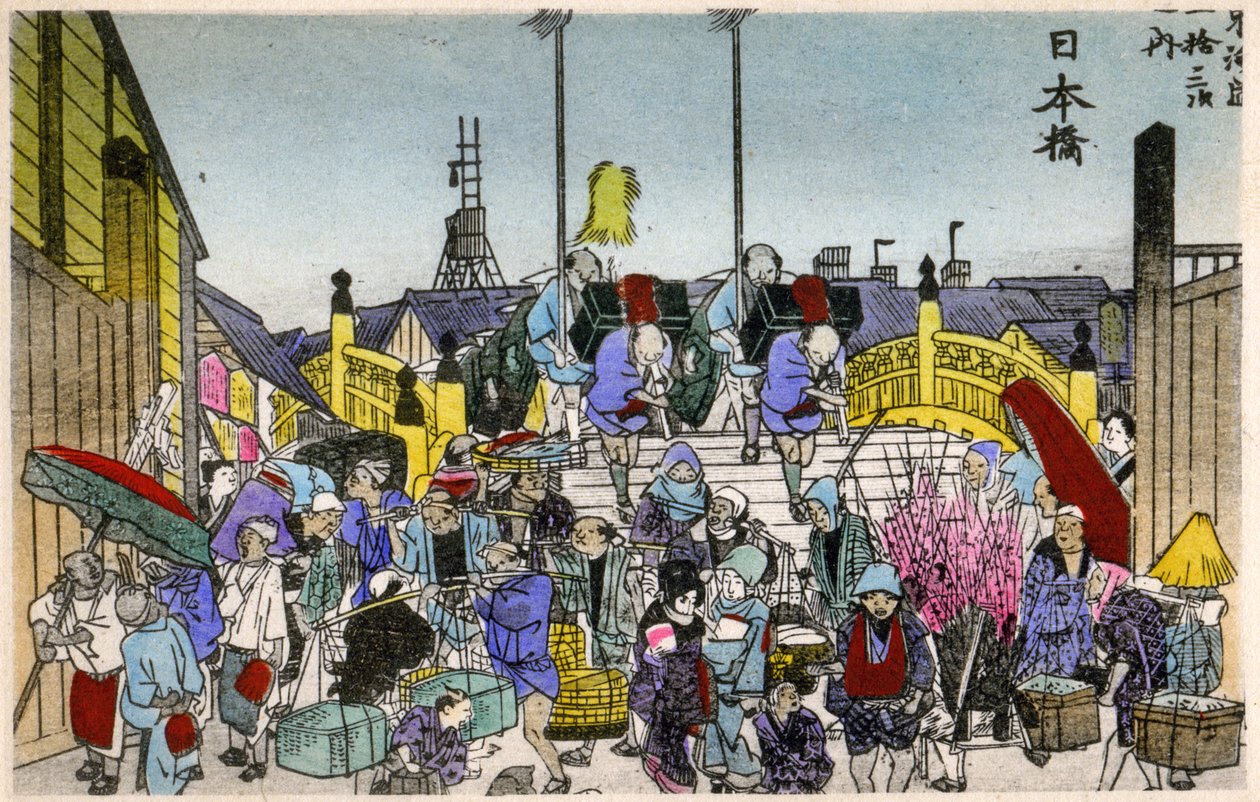 Geographie. Japan. Das Morgenrot an der Nihonbashi (1. Station). Holzschnitt von Hiroshige in: Dreiundfünfzig Stationen des Tokaido (1833-1834). Postkarte, Japan, ca. 1900 von Ando or Utagawa (after) Hiroshige