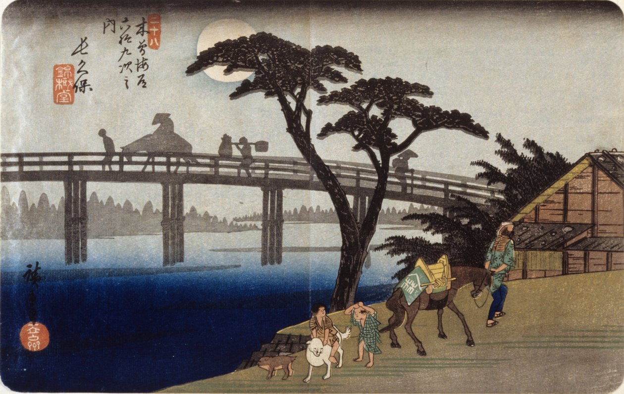 Graue Silhouetten auf der Brücke von Ando or Utagawa Hiroshige