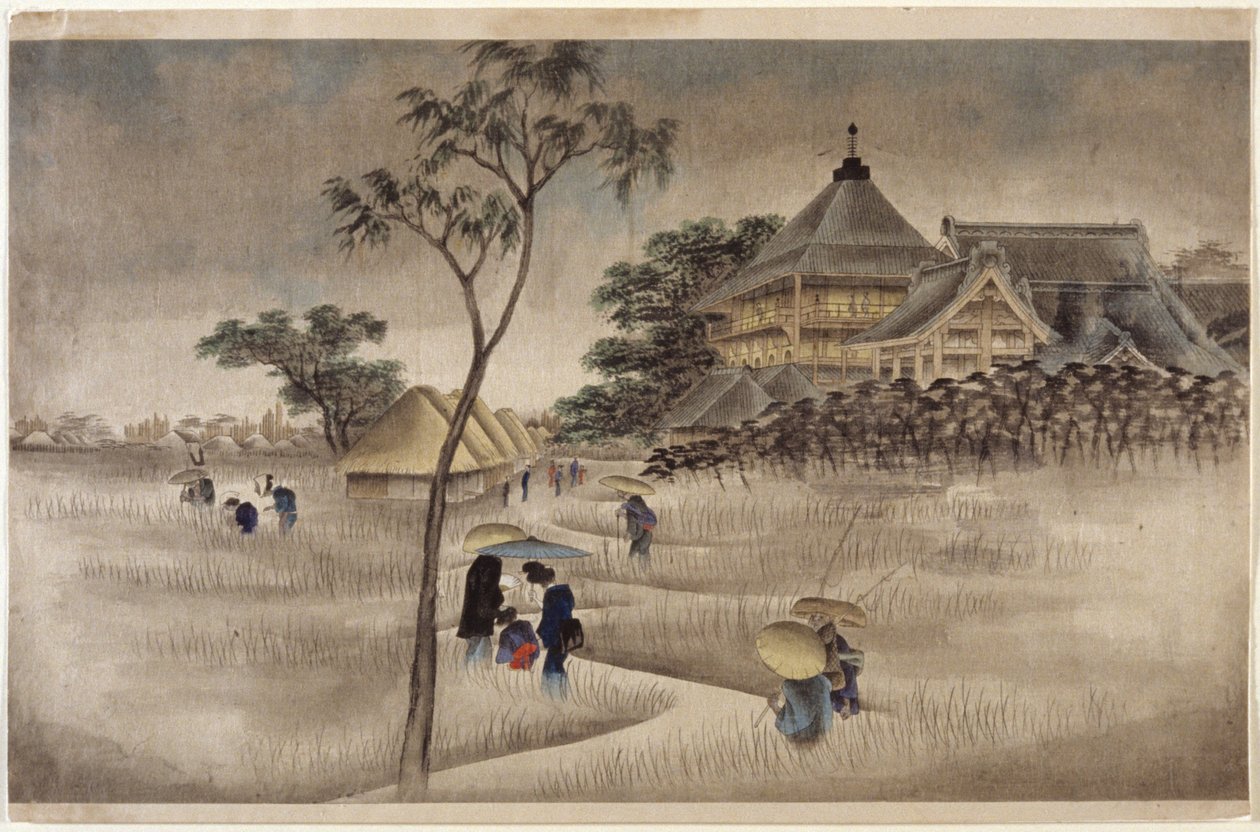 (Großes Gebäude mit Hütten darunter) von Ando or Utagawa Hiroshige