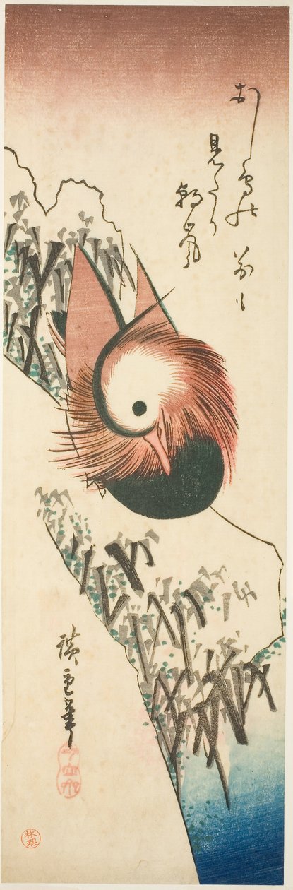 Ein Mandarinente auf einem verschneiten Ufer von Ando or Utagawa Hiroshige