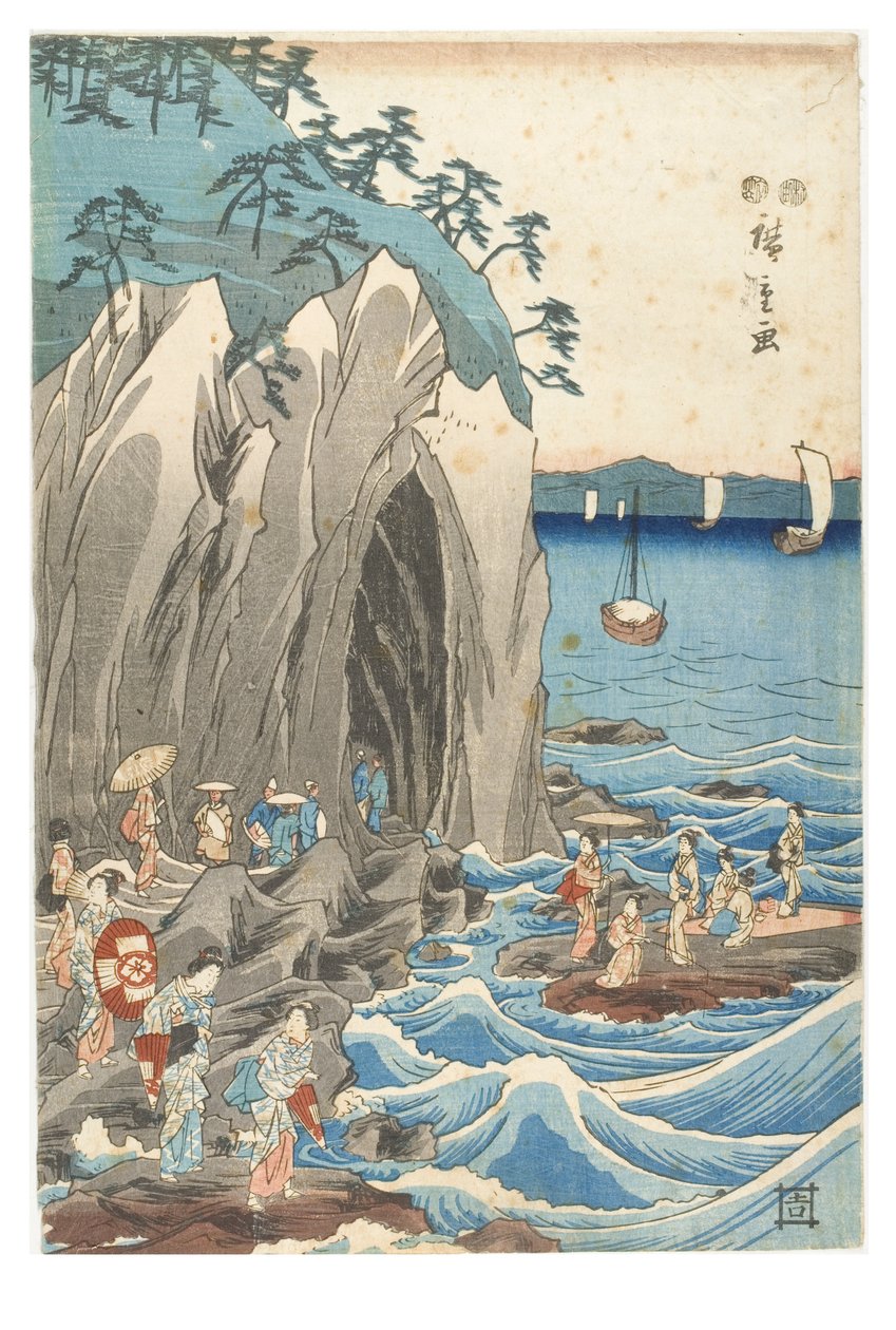 Pilgerfahrt zur Ausstellung der Benzaiten-Statue im Hauptschrein von Iwaya in der Provinz Sagami (Holzschnitt auf Papier) von Ando or Utagawa Hiroshige