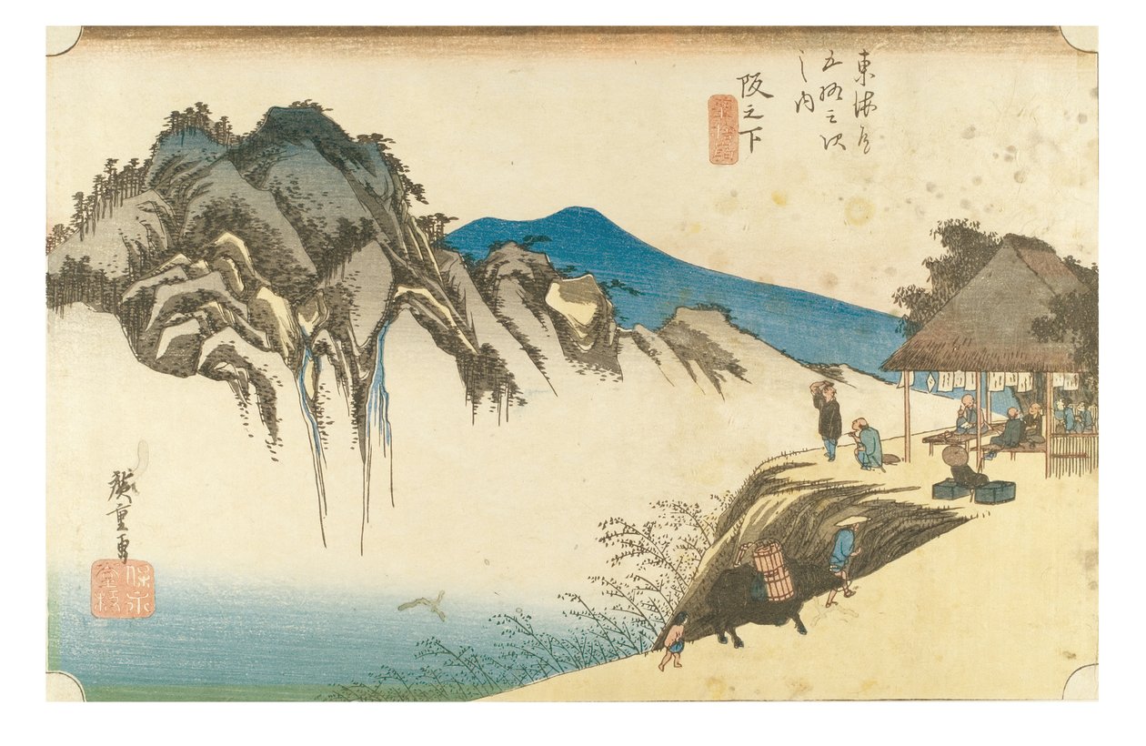 Saka no shita: Blick auf den Berg Fudesute aus der Serie Die 53 Stationen des Tokaido von Ando or Utagawa Hiroshige