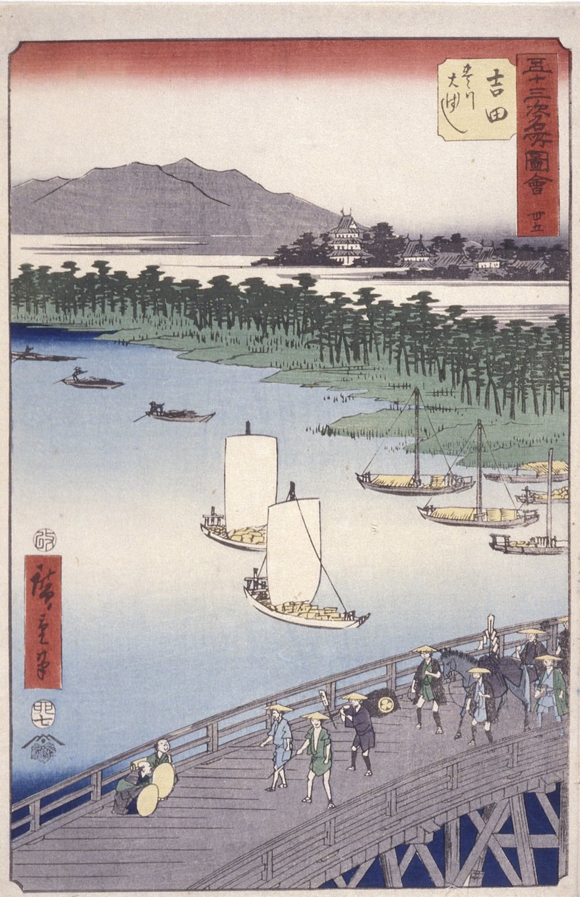 Station 35, Yoshida; Kyoka Tokaido Serie (Figuren im Vordergrund) von Ando or Utagawa Hiroshige