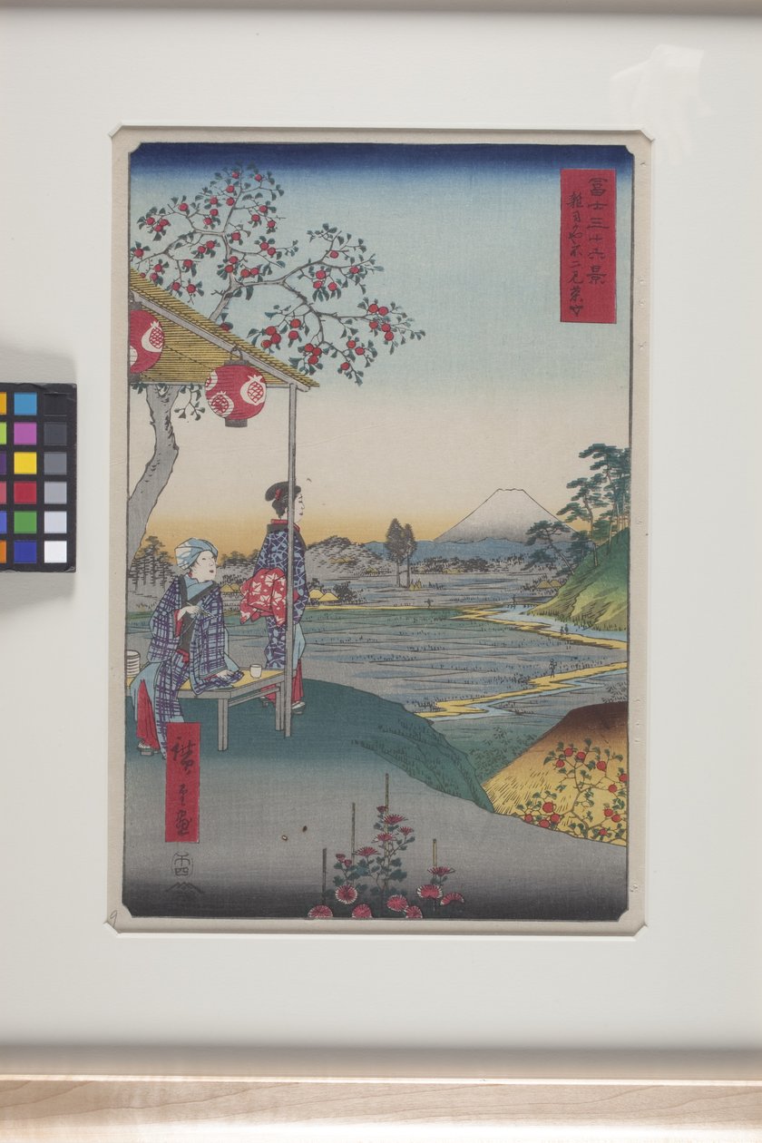 Teehaus mit Blick auf den Berg Fuji in Zōshigaya (Zōshigaya Fujimi Chaya) von Ando or Utagawa Hiroshige