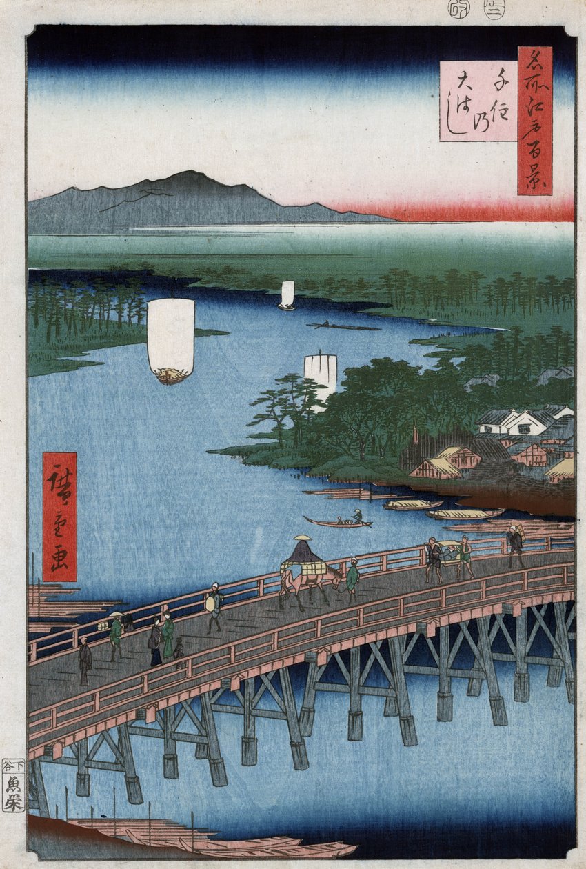 Die große Brücke von Senju über den Sumida-Fluss, mit Bergen im Hintergrund, Holzschnitt von Ando Hiroshige von Ando or Utagawa Hiroshige