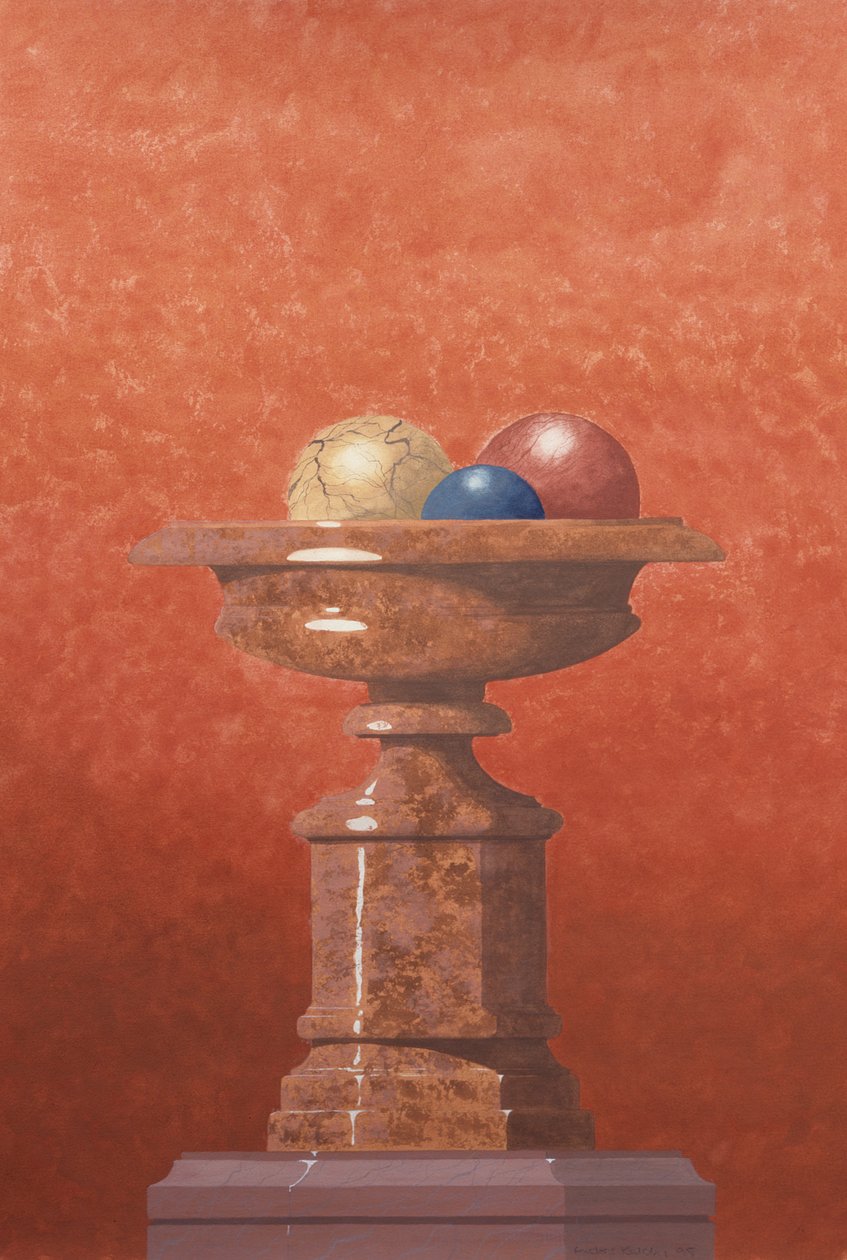 Marmorne Vase, rote, blaue und gelbe Marmorkugeln von Andras Kaldor