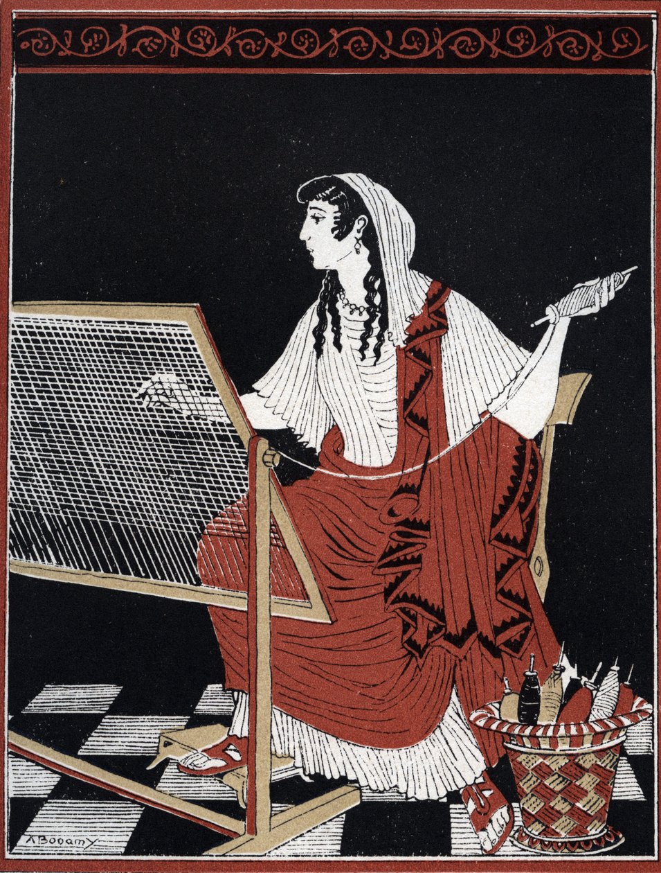 Odyssee von Homer: Penelope, die ständig ihr Gewebe auf ihrem Webstuhl auftrennt und wiederherstellt, während sie auf die Rückkehr von Odysseus wartet. Illustration von Andre Bonamy (1880-1943) in „Le retour d