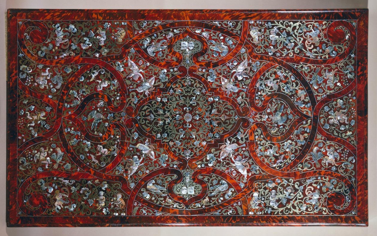 Einlegearbeit im Stil von Andre-Charles Boulle, Detail eines geschnitzten und vergoldeten Tisches, signiert P van Loose und M Verbiest, Niederlande von Andre Charles Boulle