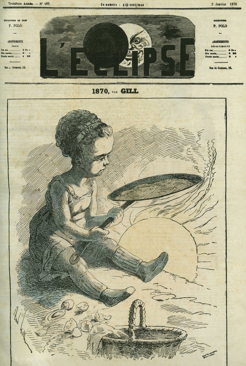1870, soziale Küche: ein kleines Mädchen backt einen Pfannkuchen in einem Ofen, der von der Sonne erhitzt wird. Titelblatt in „L