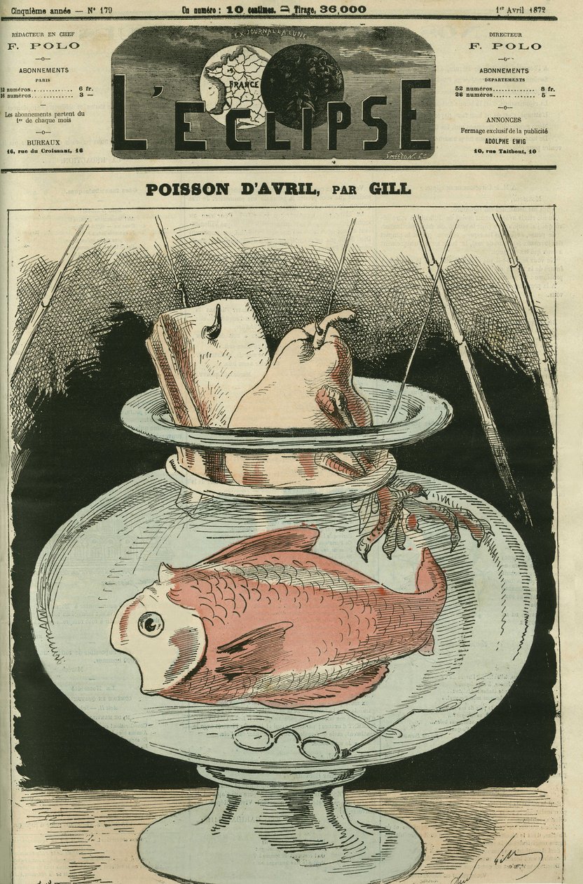 Aprilfisch, der Fisch ist Adolphe Thiers (1797-1877). Titelbild in 